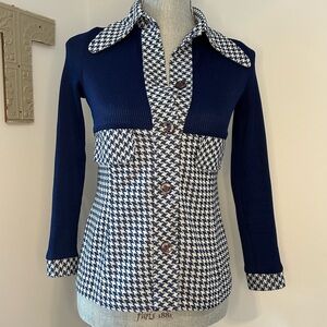 Vintage 70s homemade polyester button up shirt blue with white check